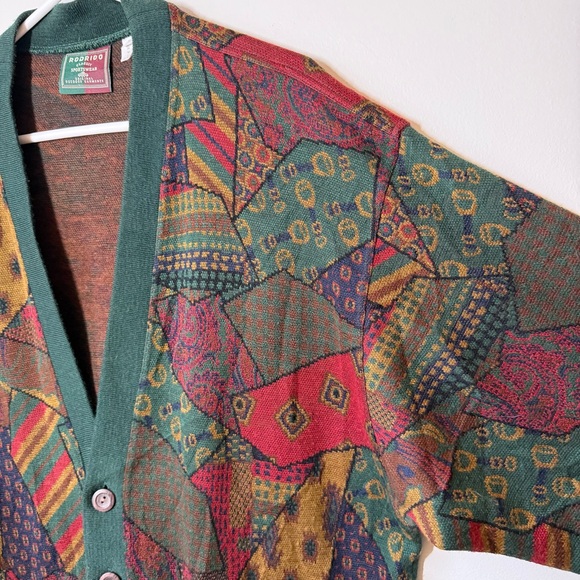 Patchwork pattern knit oversized cardigan wool blend pockets multicolor rare - Picture 3 of 10